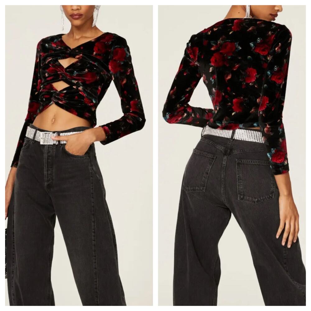 Autumn Adeigbo Blouse Velvet Top Red & Black Floral Cutout Cropped
